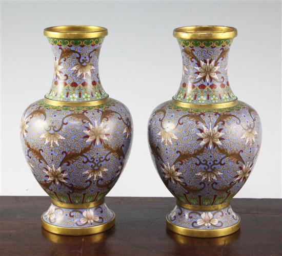 A pair of Chinese cloisonne enamel baluster vases, early 20th century, 21cm